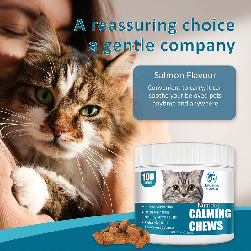 Cat Calming Treats - 100 Count Salmon Chews with Organic Chamomile & Ginger, Stress Relief Supplement for Separation Anxiety, Vet Visits & Thunderstorms (Salmon)