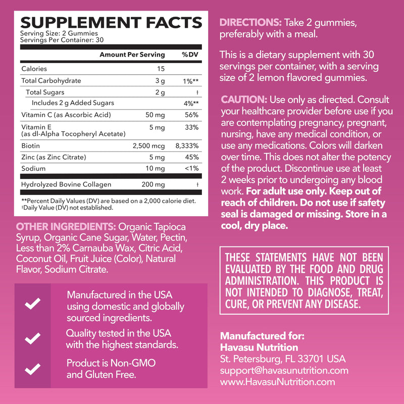 Collagen Gummies With 2500 mcg Biotin, Hair Skin & Nail Support, Lemon | For Women & Men with Biotin, Zinc, Vitamin C & E, Hydrolyzed Collagen, Lemon Flavor, 30 Servings, Hair, Skin & Nail Support 60 Count (Pack of 1)