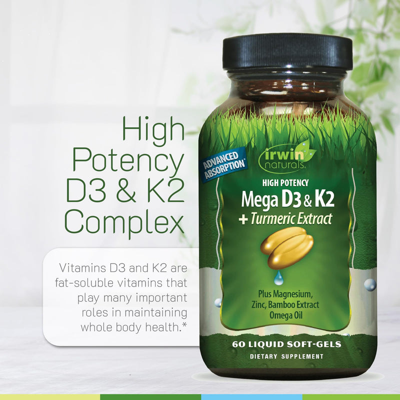 Irwin Naturals Mega D3 & K2 + Turmeric Extract | High Potency (2 Pack) | Mood, Bone & Immune Support | Vitamin D3 + MK-7 K2 | Magnesium & Zinc | 2 X 60 Liquid Soft-Gels 60 Count (Pack of 2)