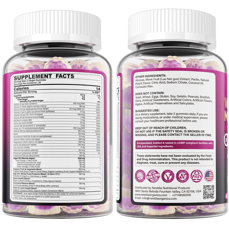 Multivitamin for Women 50 Plus Gummies, Vegan Omega 3, Calcium D3 K2, CoQ10 | Probiotics, Daily Vitamin A C E, Methylfolate, Methylated B12 Biotin B Complex, Zinc -Bone Energy Longevity -Sugar Free 60Cts 60 Count (Pack of 1)