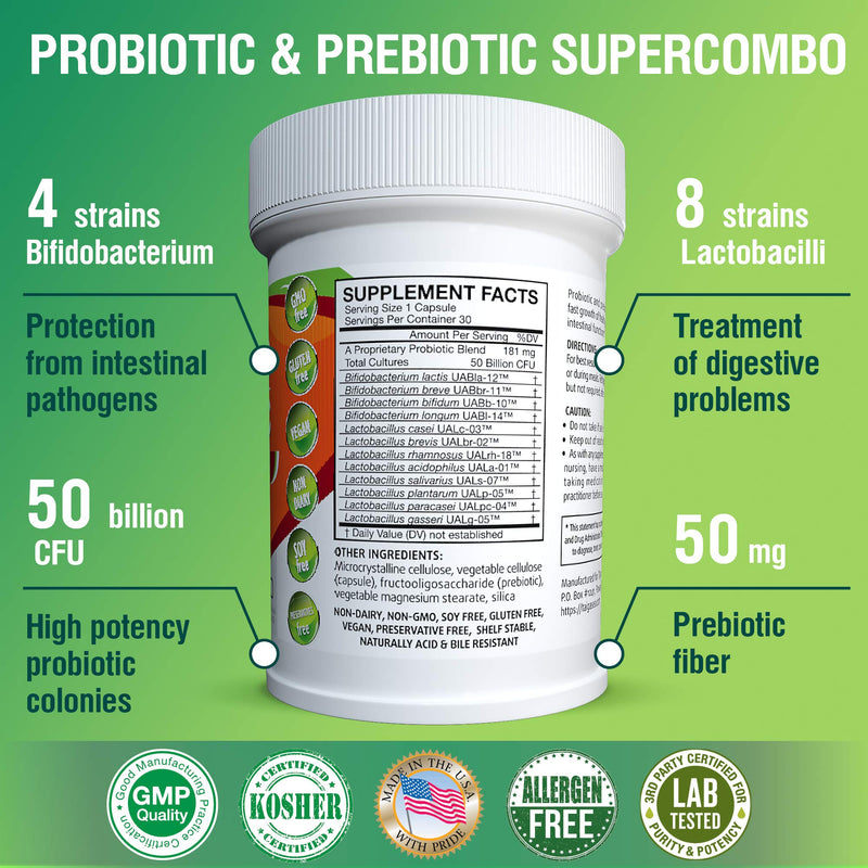 50 Billion CFU Prebiotic and Probiotic Supplement for Women and Men, 12 Strains for Daily Immune Support and Digestive Health, 30 Veggie Capsules, Non Refrigerated High Potency Probiotics