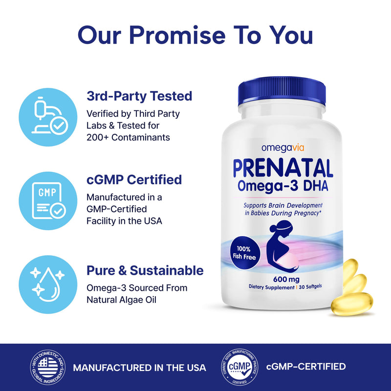 OmegaVia Prenatal DHA 600mg, Fish Oil Free Omega 3 Supplement (30 Softgels) | Algae Omega 3, Pregnancy & Lactation Safe, Supports Baby's Brain & Eye Health, Burpless, Gluten Free, Non-GMO, 30-Day Supply 30 Count (Pack of 1)