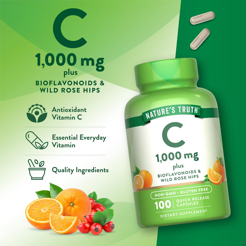 Nature's Truth Vitamin C 1000mg | 100 Capsules | with Wild Rose Hips & Bioflavonoids | Non-GMO & Gluten Free Supplement | with Wild Rose Hips & Bioflavonoids | Non-GMO & Gluten Free Supplement