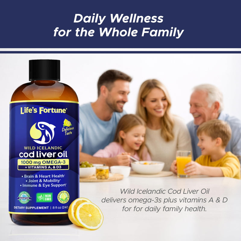 Life's Fortune Cod Liver Oil Liquid Organic Lemon Flavor (8 Oz) 1,000 mg Omega + Vitamin A, E & D3 - Supports Immune Health - 100% Fish Oil Supplement from Wild Ocean Cod-GMO Free 8 Fl Oz (Pack of 1)