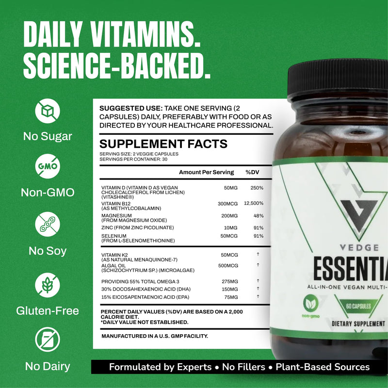 VEDGE Vegan Omega 3 Supplement, Vegan Multivitamin, Women and Men, 30 Day | Omega 3, Plant Based Algal EPA And DHA With Vitamin D3, B12, K2, Magnesium, Zinc, Selenium, Vitamin Supplements, Daily Supply