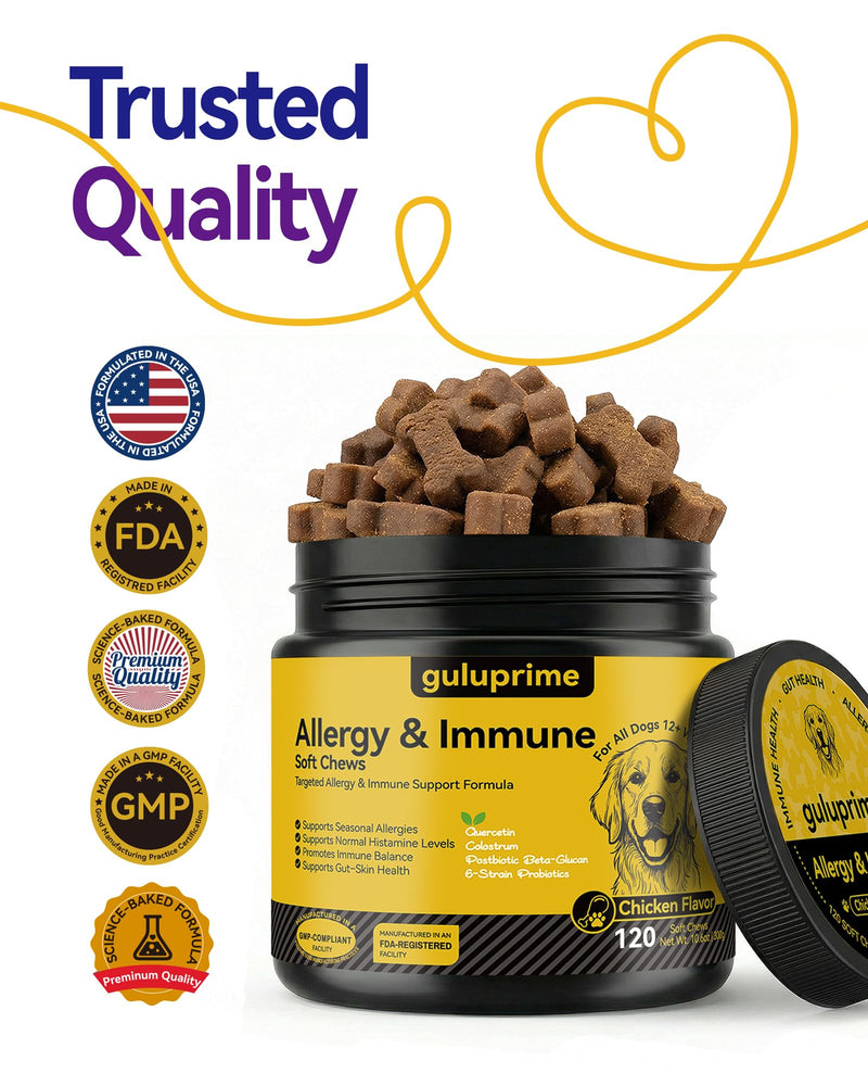 Dog Allergy Relief Chews with Quercetin, Colostrum & Probiotics, 120ct | Daily Allergy & Immune Support for Dogs, Supports Normal Histamine Response, Skin & Coat Comfort, Gut Health