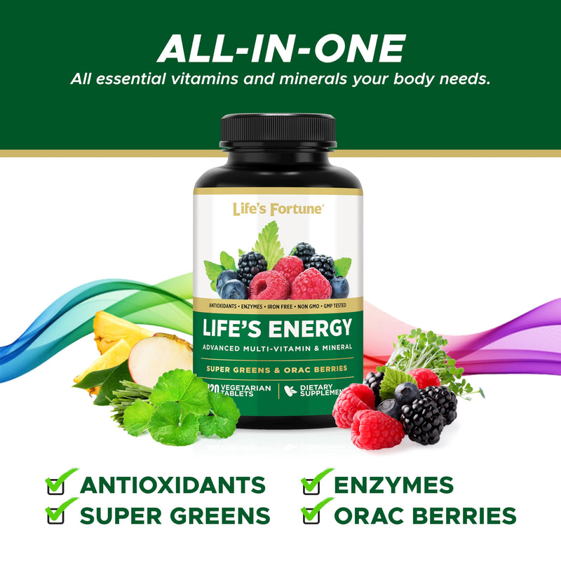Life's Energy Advanced Daily Multivitamin for Men & Women, Energy & Immune Support Supplement with Super Greens - Antioxidants & Enzymes - Iron Free, Vegetarian, 120 Tablets by Life's Fortune 120 Count (Pack of 1)