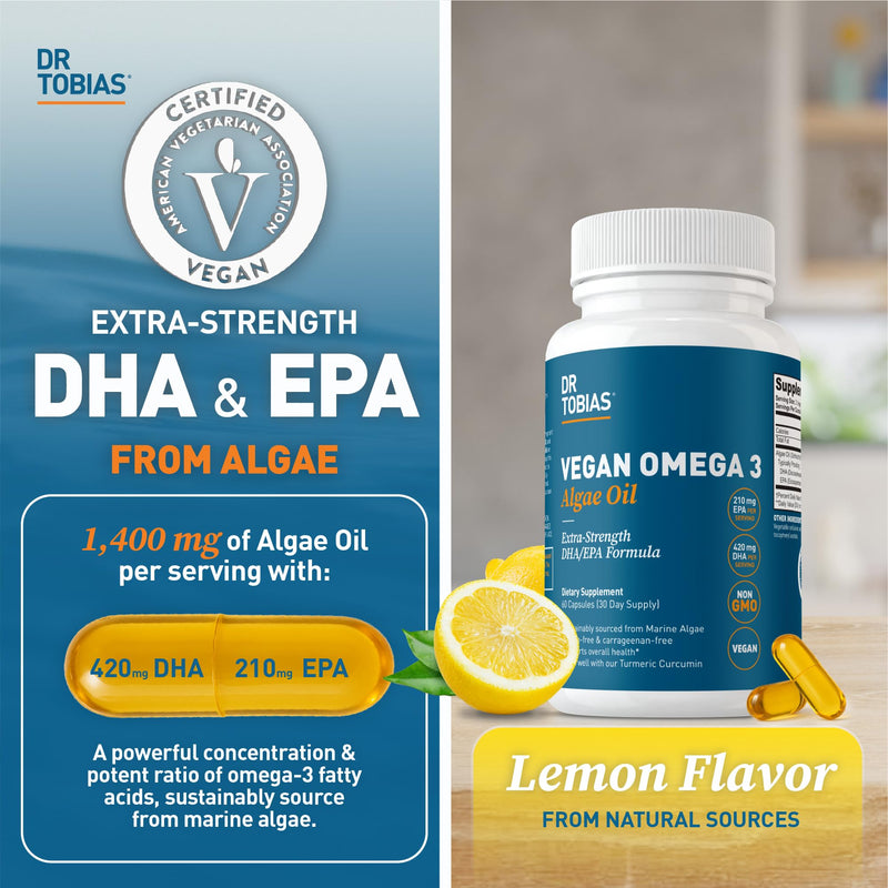 Dr. Tobias Vegan Omega 3 Supplement, 1400mg Algae Oil, 420mg DHA, and 210mg EPA per Serving, Non-GMO, Gluten-Free, Carrageenan-Free, 60 Capsules, 30 Servings (Pack of 2) 60 Count (Pack of 2)