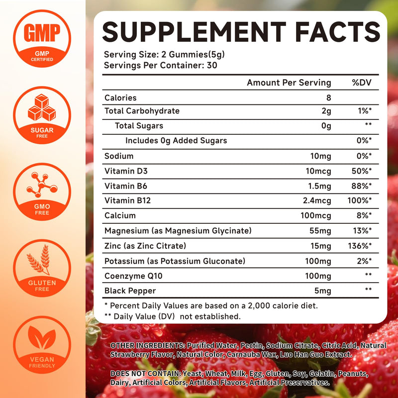 Potassium Magnesium Gummies – High Absorption Magnesium Glycinate – Magnesium Potassium Supplement Gummies with Vitamin B6, D3, B12 for Muscle Support, Sugar-Free Strawberry Flavor, 60 Count 60 Count (Pack of 1)