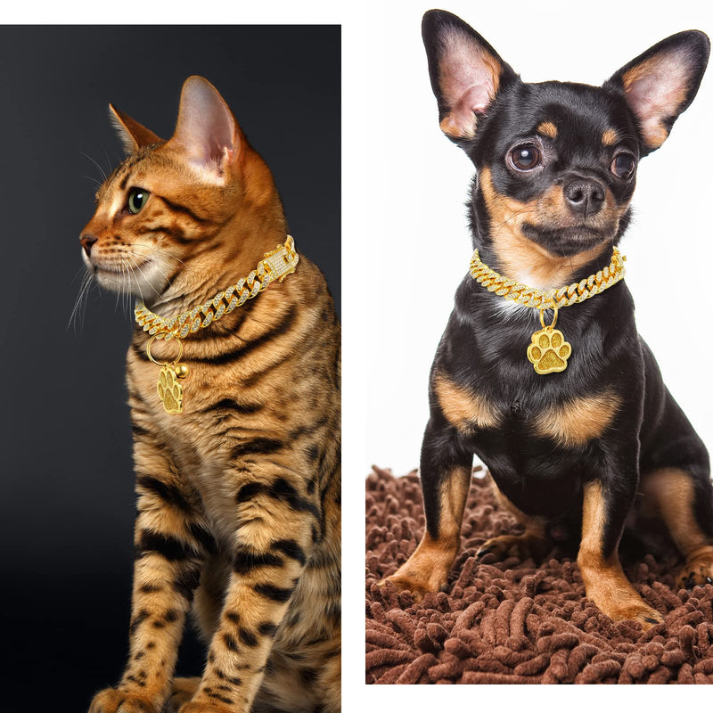Hillban Cat Collar Diamond Chain Glitter Collar Walking Metal with Secure Buckle Cat Pet Necklace with Paw Charm Link Cuban Jewelry Accessories with ID Tag Bell(8 Inch,Gold) Gold 8 Inch - BeesActive Australia