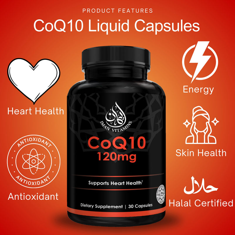 Halal CoQ10 120mg Liquid Capsules – Vegan Coenzyme Q10 Ubiquinone Supplement – High Absorption Cellular Energy & Heart Health Support for Men & Women – Non-GMO, 1 Capsule Daily