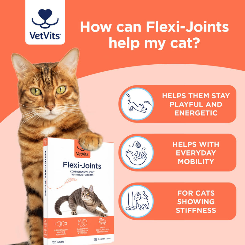 by Healthspan Flexi-Joints For Cats (4 months' supply) | Advanced Blend of Glucosamine & Chondroitin to support your cat's joint health | With Vitamins C & E | Tasty beef flavoured