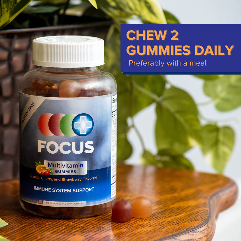 Focus Fruit Flavored Multivitamin Gummies, Gluten Free, 90 Count | Daily immune system support supplement to fill in nutrition gaps and help boost energy levels, made in USA, 45-day supply