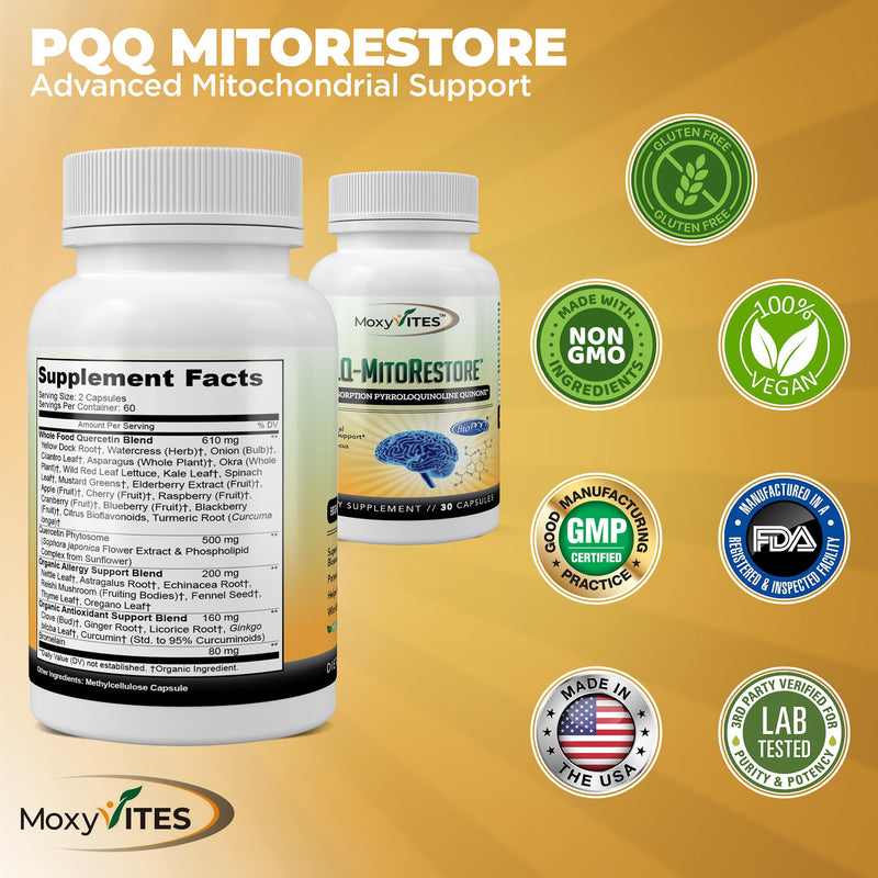 PQQ MITORESTORE Brain Supplements for Memory and Focus - Mitochondria Supplement with BioPQQ 20mg - Purest Form NOT Chemically Synthesized, Cognitive and Heart Support - 30 Vegan Capsules, Non GMO