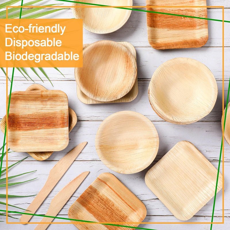 50 Pcs Palm Leaf Disposable Plates Bowls Set for Bunny 4", Sturdy Bamboo Party Bowls Decorative Compostable Tableware for Birthday Outdoor BBQ Picnic Wedding - BeesActive Australia