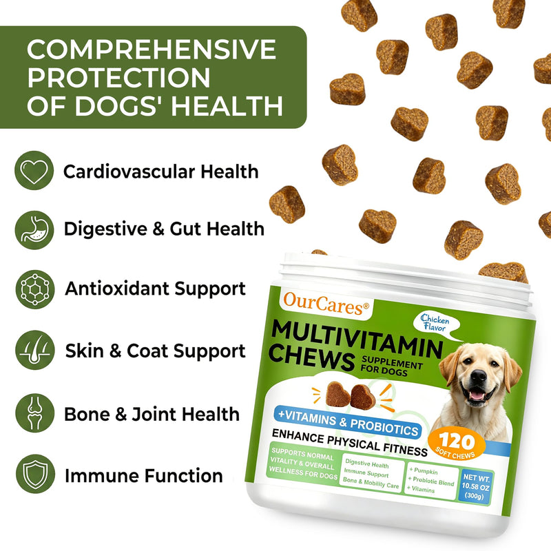 Dog Multivitamin Chewable - Vitamins and Supplements - Dog Daily Vitamin with Glucosamine Probiotics Omega-3 for Coat Hip Joint Heart Digestive Immune Health Support, Chicken Flavor, 120Ct 120 count