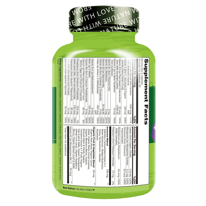 NATURELO Whole Food Multivitamin + Immune Blend with Elderberry & Mushrooms - Complete Multivitamin with Extra Immune Support - C, D3, Zinc, Elderberry, Reishi, Shitake - 60 Vegan Capsules 60 Count (Pack of 1)