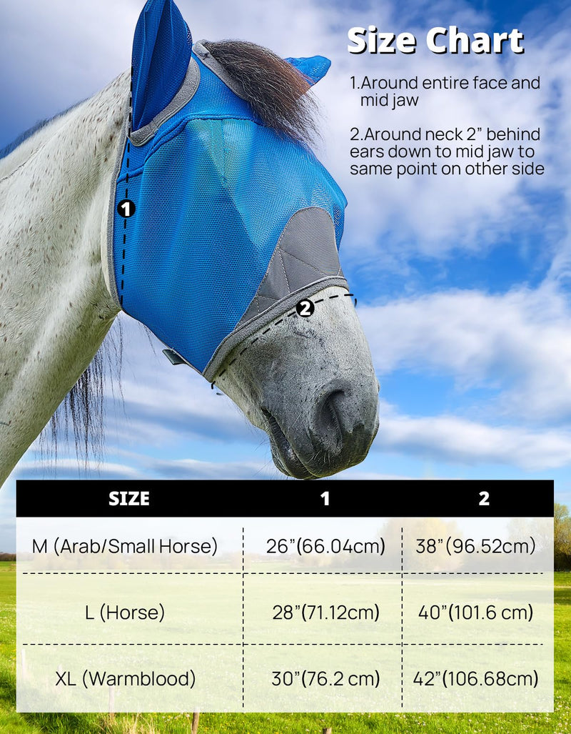 DEERFAMY Fly Masks for Horses,Breathable UV Protection Net Mesh Mask Stretchy Mesh Large Eye Space in Full Coverage,Soft & Gentle on Skin,with Ears,No Nose (Blue, M) Blue Arab/Small Horse(M) - BeesActive Australia