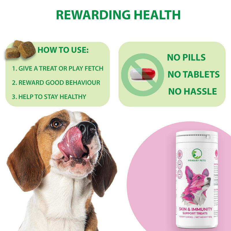 Primary Pets Premium Pet Supplies Skin & Immunity Support Chews for Dogs, Soothe Itchy Skin, Paws, Ears and Eyes, Allergy Sensitivity Support, 60 Soft Chews, Advanced Formula 60 Chews