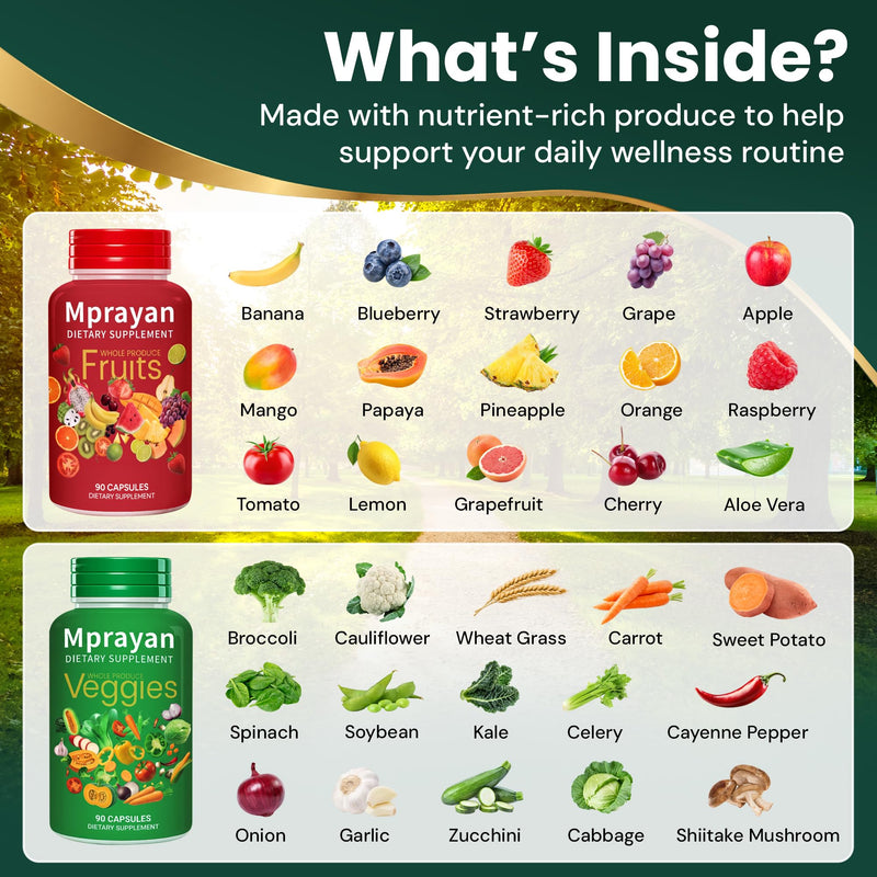 Fruits & Veggies Capsules – Whole Food Fruit & Vegetable Supplement – 90 Fruit + 90 Veggie Capsules (2 Bottle System) – Vegan, Non-GMO – No Powders or Mixing – Daily Nutrition for Men & Women