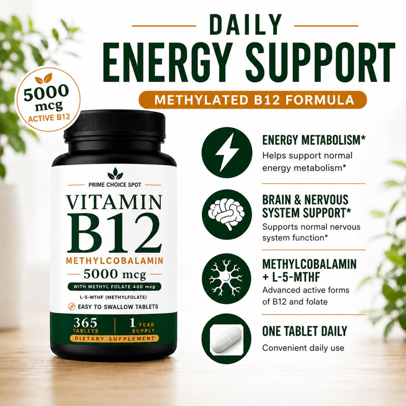 Vitamin B12 5000mcg with Methyl Folate, Methylcobalamin, 365 Tablets | 5000mcg Methylcobalamin + 400mcg L-5-MTHF • One Daily Tablet • Non-GMO • Vegetarian