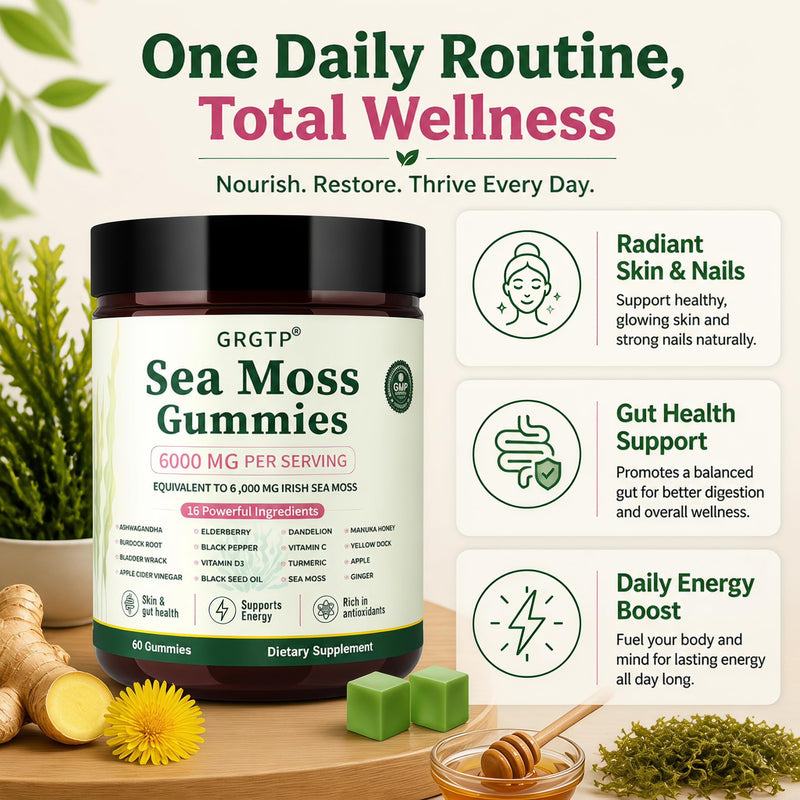 Sea Moss Gummies 16-in-1 - Ashwagandha Black Seed Oil Bladder Wrack Turmeric Vitamin C & D3 with Manuka Burdock Root Dandelion Yellow Dock Natural Detox & Liver Health Immune Support, Energy Boost