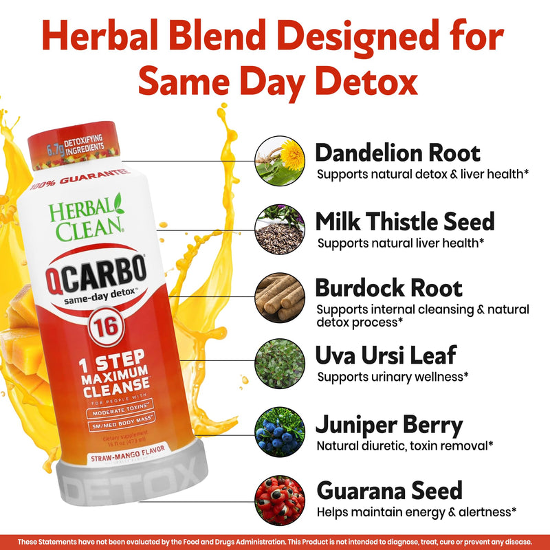 Herbal Clean Qcarbo16 Same-Day Detox Cleanse Drink (16 fl oz) - Strawberry Mango Flavor Full Body Cleanse* Detox Drink for Moderate Toxin Level*, Vitamin B2 and Vitamin B12 for Men & Women