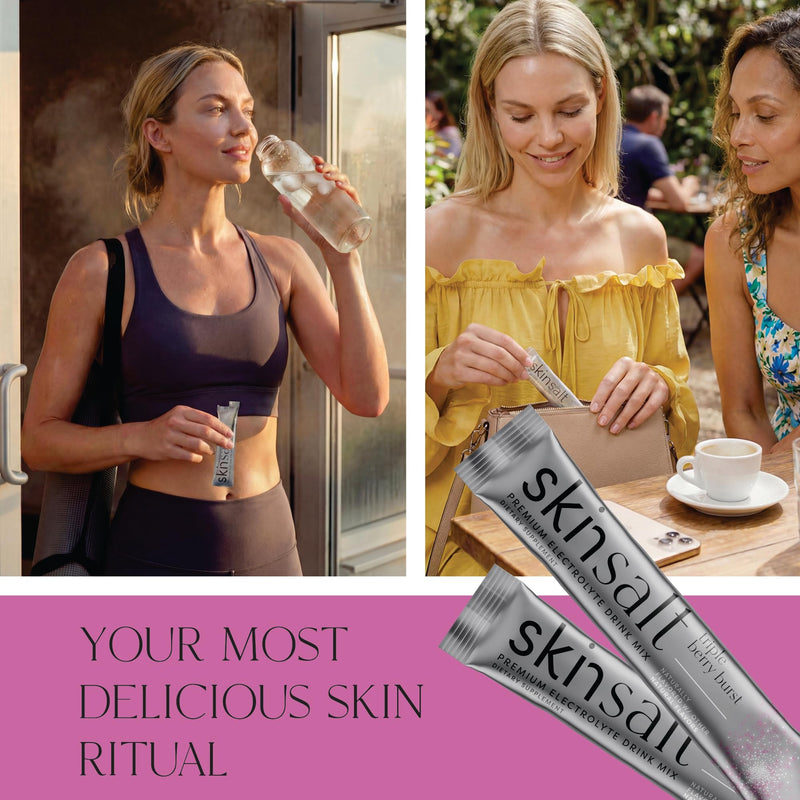 SKIN SALT® Electrolyte Powder Drink Mix - Triple Berry Burst - with Vitamin C, Hyaluronic Acid, Ceramides & DermaVal - Zero Sugar, Zero Caffeine, Vegan - 28 Stick Packs