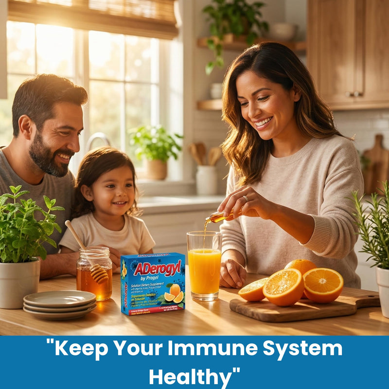 Aderogyl Oral Liquid Vitamins with A, C, D, E, Zinc, Bee Honey, Propolis, and Botanical Extracts with Orange Flavor - Immune Support Supplement - Includes 5 Ampoules