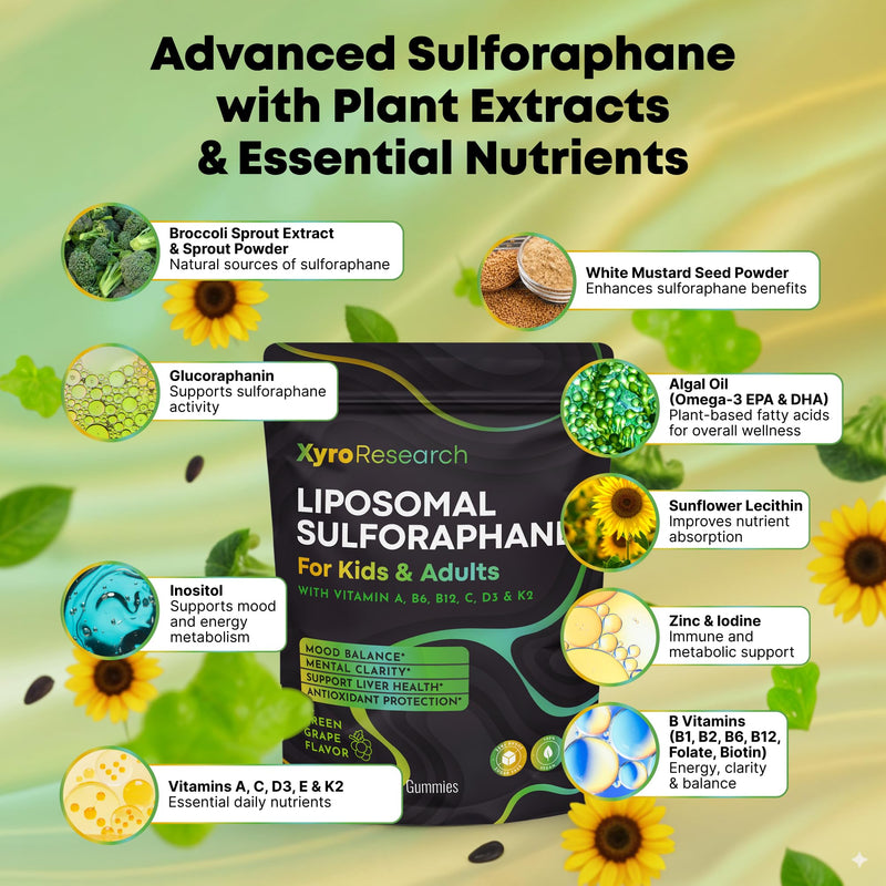 Liposomal Sulforaphane Gummies - 150mg Broccoli Sprout Extract with Vitamins Supplement for Kids Adults - Antioxidant Cellular Health & Liver Detox Support - Non-GMO Vegan Sugar-Free 60 Count (Pack of 1)
