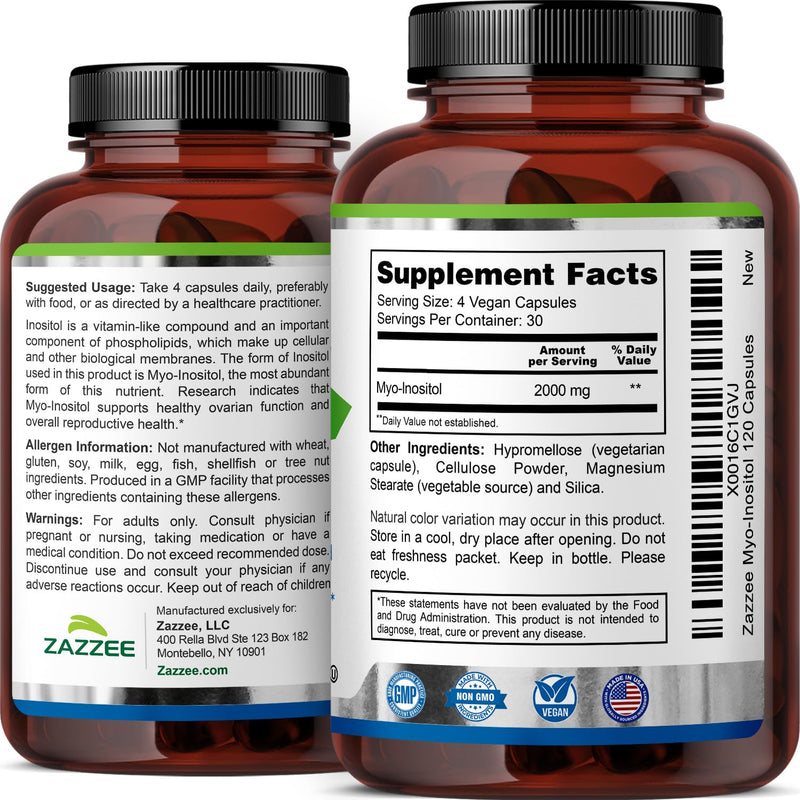 Zazzee Myo-Inositol Capsules, 2000 mg per Serving, 120 Vegan Capsules | Ideal Dosage for 40:1 Ratio, Certified Kosher, Hormone Balance & Healthy Ovarian Function Support, Non-GMO, Made in the USA 120 Count (Pack of 1)