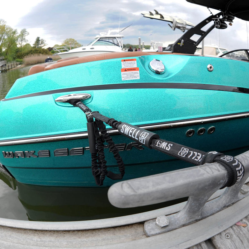 SWELL Wakesurf - Bungee Dock Line 6 Ft. - Adjustable Length Webbing, Shock Absorbing Cord Protection Boat Tie Fender Rope Black
