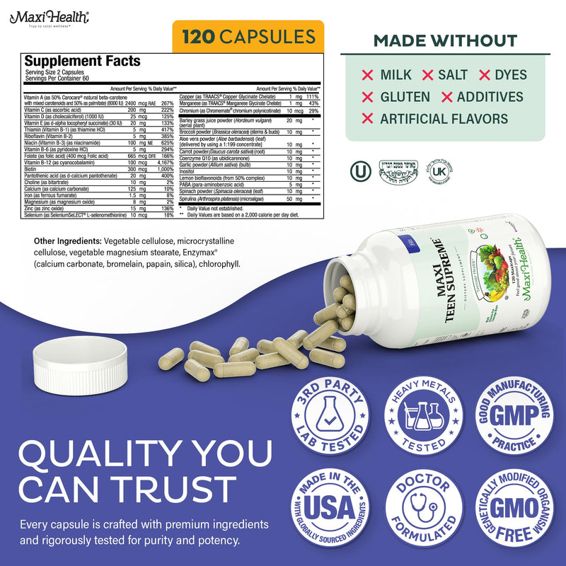 Maxi Health® Teen Vitamins for Boys 12-17, Teen Multivitamin (120 Count) | D3, Iron, Calcium & Enzymes | Energy, Brain & Mood Support | Kosher | Vegetarian · Non-GMO | Doctor Formulated Unflavored Boys 120 Count (Pack of 1)