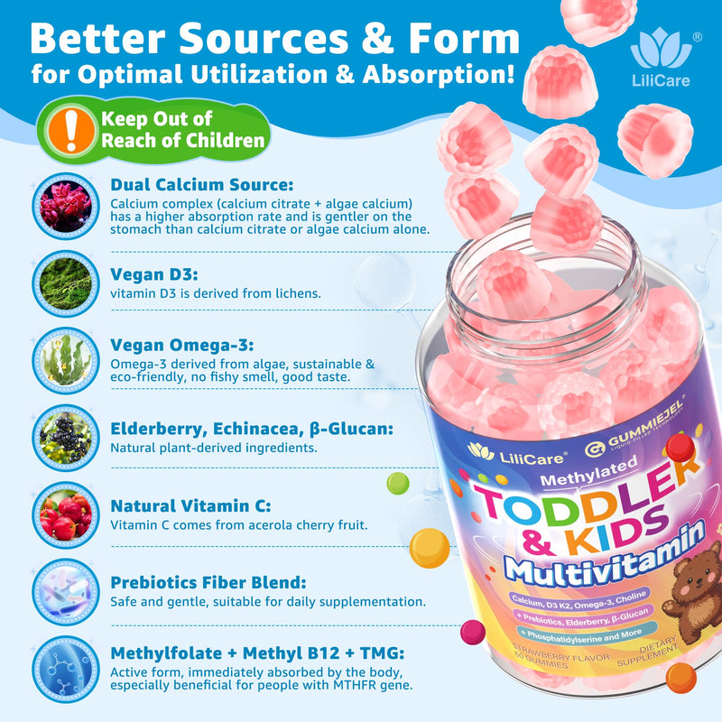 Toddler 2-3 & Kids 4+ Multivitamin Gummies w/ Iron, Omega-3, ARA, Calcium, Prebiotic, Methylated Picky Eater Vitamins for Kids 2+ Growth & Development | Vitamin C, D3 K2, B12, Methylfolate, Sugar Free 60 Count (Pack of 1)