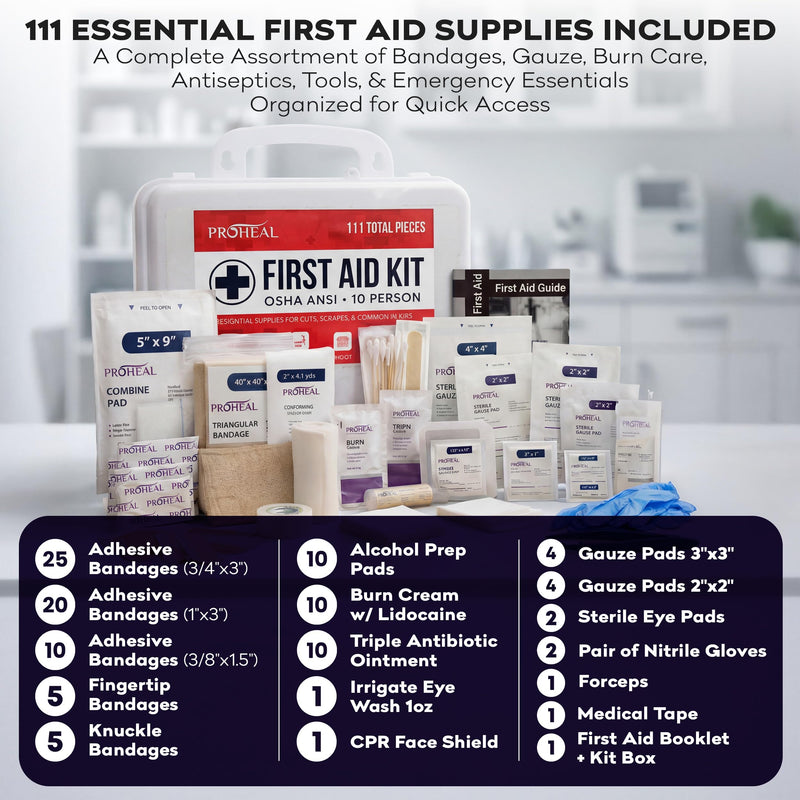 OSHA Compliant First Aid Kit - 10 Person, Type III, ANSI Class A, 111 Pieces Emergency Kit for Business, Office, Home, Workplace, Truck, Car & Construction Site - Latex Free, Wall Mountable | ProHeal 10 Person Kit