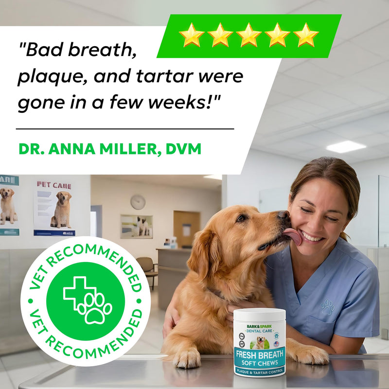 BARK&SPARK Dog Teeth Breath Freshener Chews, Dental Cleaning Treats for Bright Smile - Plaque, Tartar and Bad Breath Advanced Remover for Dogs, Pet Oral Care Bright Co Lab Pro Formula - 90 Servings 90 Dental Care Chews Breath Aid Probiotics