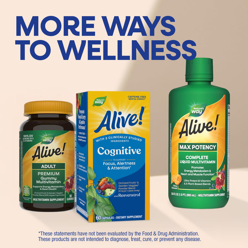 Nature's Way Alive! Cognitive, Supports Focus, Attention, Alertness*, 60 ct | Reduces Fatigue*, Caffeine Free, Mental Energy Support*, Clinically Studied Ingredients, Vegan, Dairy-Free, Gluten-Free