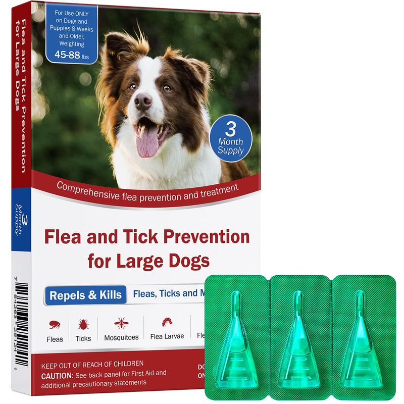 Flea and Tick Prevention for Dogs, Large Dog Flea, Tick & Mosquito Control, Repellent, 44-88lbs, 24-Hour Protect, 3-Month Supply, Flea Supplements for Dogs