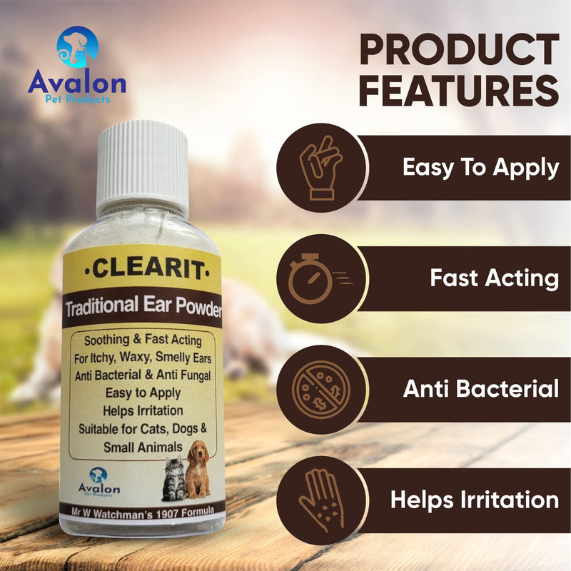 Avalon Pet Products CLEARIT 2 x 20G Ear Powder for Dogs & Cats – Anti Bacterial & Anti Fungal Powder Supports Yeast Control, Itching, Wax Build-Up & Odour - Helps Keep Ears Dry, Fresh & Comfortable 20 g (Pack of 2)