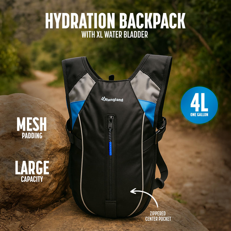 Hydration Backpack with XL Water Bladder (4L)(135 oz) Leakproof Sip Straw, Wide Mouth Large Easy-Fill Opening, Ergonomic Sport Bag (1+ Gallon Capacity)