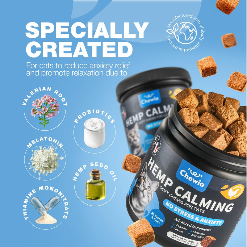 Cat Calming Treats - Hemp Calming Care for Cats - Cat Melatonin Soft Chews with Hemp Seed Oil and Probiotics - Cat Anxiety Relief - Storms, Travel, Grooming, Separation - Calming Chews for Cats 140 count
