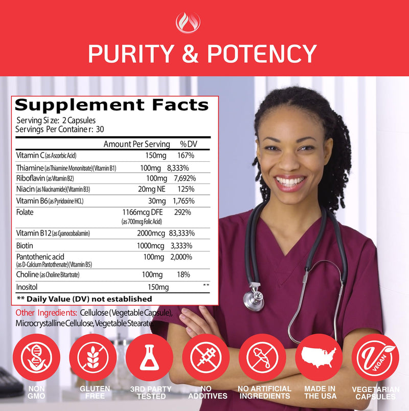 THE ENCLARE NUTRITION Vitamin B12 - Vitamin B Complex with Vitamin C, Biotin, Inositol, Folic Acid, B Vitamins, B1, B2, B3, B4, B5, B6, B7, B8, B9. Brain, Heart, Immune Support, Energy Supplements (1) 1