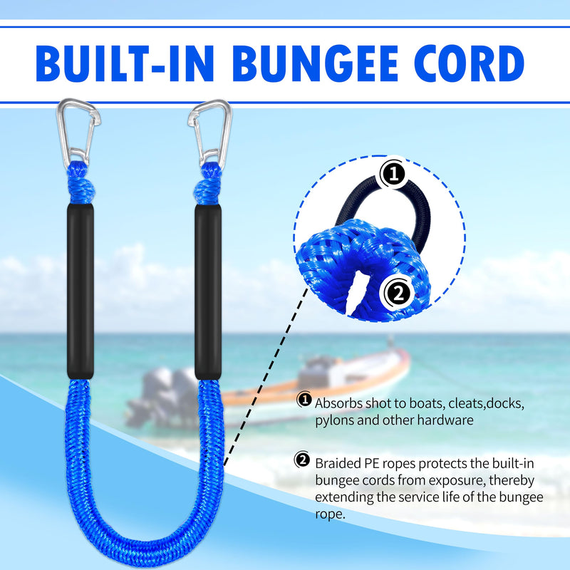 4ft Bungee Dock Lines for Boat, Dock Mooring Ropes, Two Hooks (Blue, 4FT) Blue