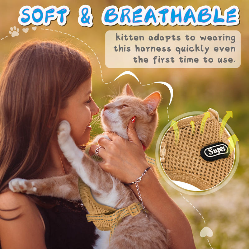 Supet Cat Harness and Leash Set for Small to Large Cats Adjustable Cat Vest Harness with Reflective Trim Universal Cat Leash and Harness for Cats/Puppies Medium (Chest: 17.5" - 19.5"） Beige - BeesActive Australia
