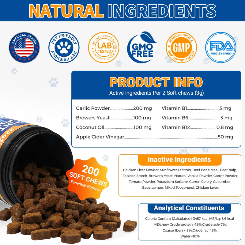 Flea and Tick Prevention for Cats Chewable, 200 Natural Soft Chews,Flea Supplement for Kitten Cat, Skin & Coat Support for Cats All Breeds & Ages - Chicken Flavor 200Soft Chews