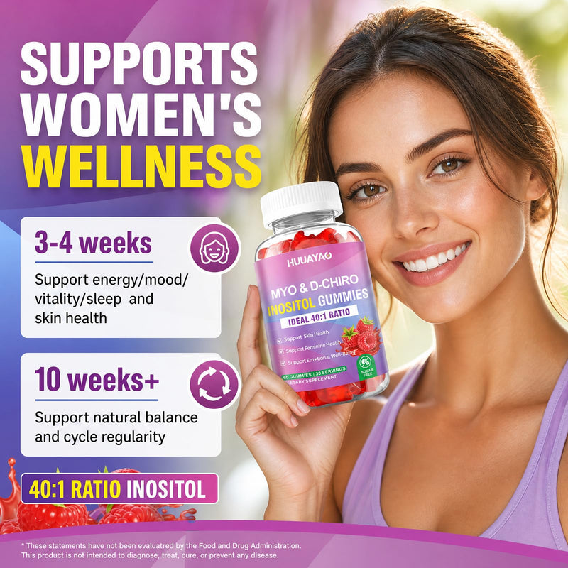 Myo-Inositol & D-Chiro Inositol Gummies, Ideal 40:1 Ratio Inositol Supplement with Vitamin D3, Magnesium Glycinate for Support Hormonal Balance & Wellness, Raspberry Flavor, 60 Count 60 Count (Pack of 1)