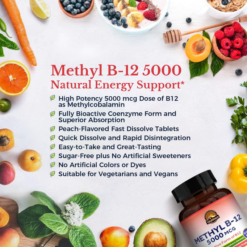 Vitalitown Vitamin B12 (Methyl B12) 5000 mcg, Fully Bioactive Form, Support Energy Production, Natural Peach Flavor, Zero Sugar, 90 Fast Dissolve Tablets 90 Count (Pack of 1)