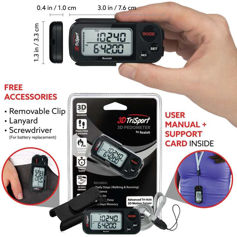 Realalt 3DTriSport 3D Walking Pedometer with Clip & Strap, Accurate Step Counter with 30-Day Memory, Distance in Miles/KM with Large Display Perfect for Seniors & Beginners, eBook Included One Size Stealth Black