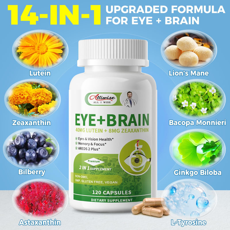 Eye Brain Supplement for Memory & Focus 40mg Lutein Eye Supplements 2 Pack | 14 in 1 Eye Vitamins for Seniors, With Zeaxanthin, Bilberry, Ginkgo Biloba, Lion's Mane & Bacopa Monnieri, Dry Eye Relief 120 Count (Pack of 2)