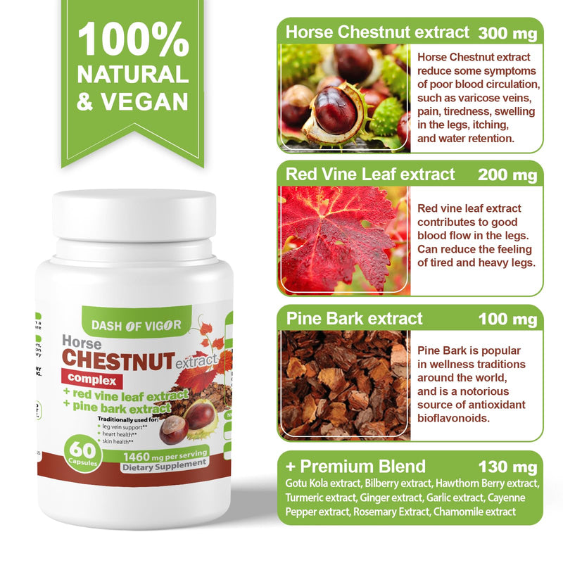 Dash of Vigor Horse Chestnut Extract Complex, Red Vine Leaf Extract Supplement, Pine Bark, Turmeric, Hawthorn Berry, Ginger, Cayenne Pepper, Chamomile, Leg Vein Support, 1460 mg, 60 Capsules - BeesActive Australia